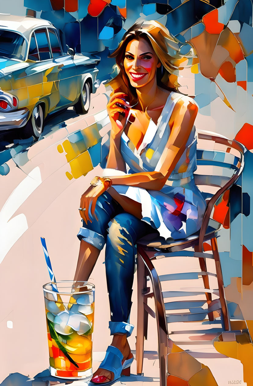 Stylized painting of woman in white top and torn jeans sitting on metal chair