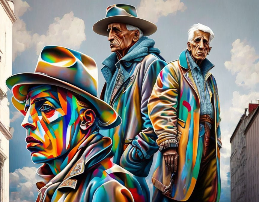 Colorful street art featuring two elderly men and abstract patterns.