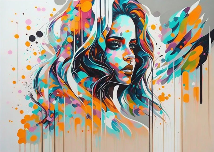 Colorful street art portrait of a woman on pale background