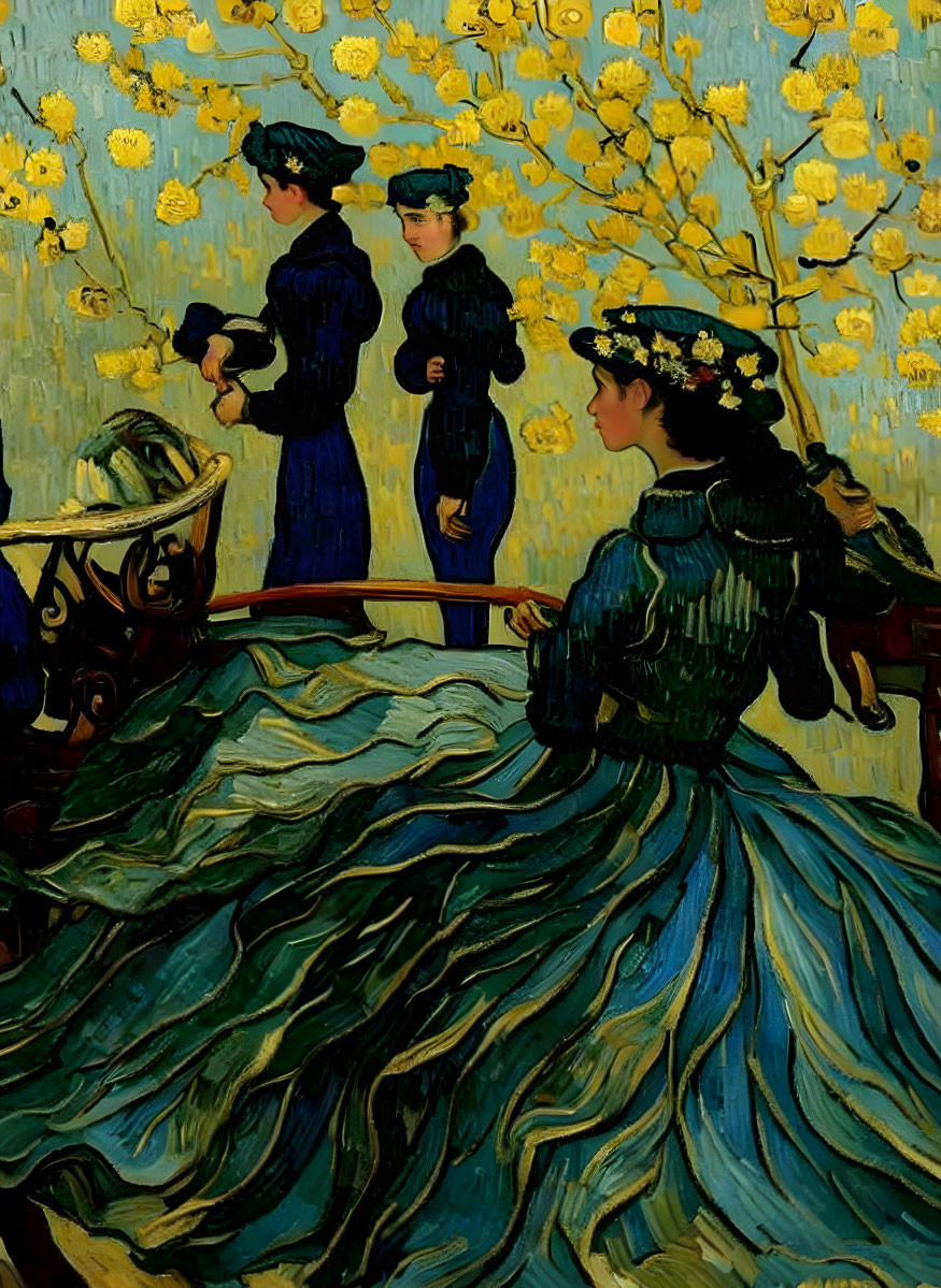 Vintage Attire People Artwork: Women in Dresses and Hats under Yellow Floral Canopy