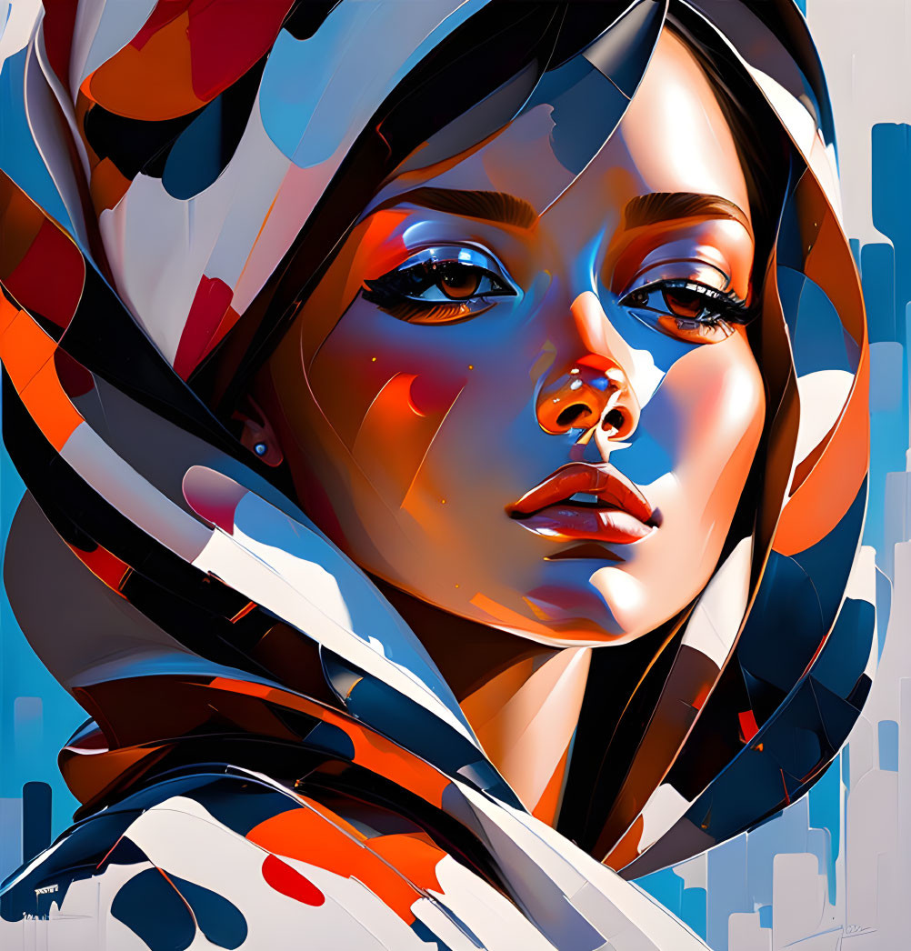 Vibrant digital portrait of a woman with blue eyes and abstract shapes