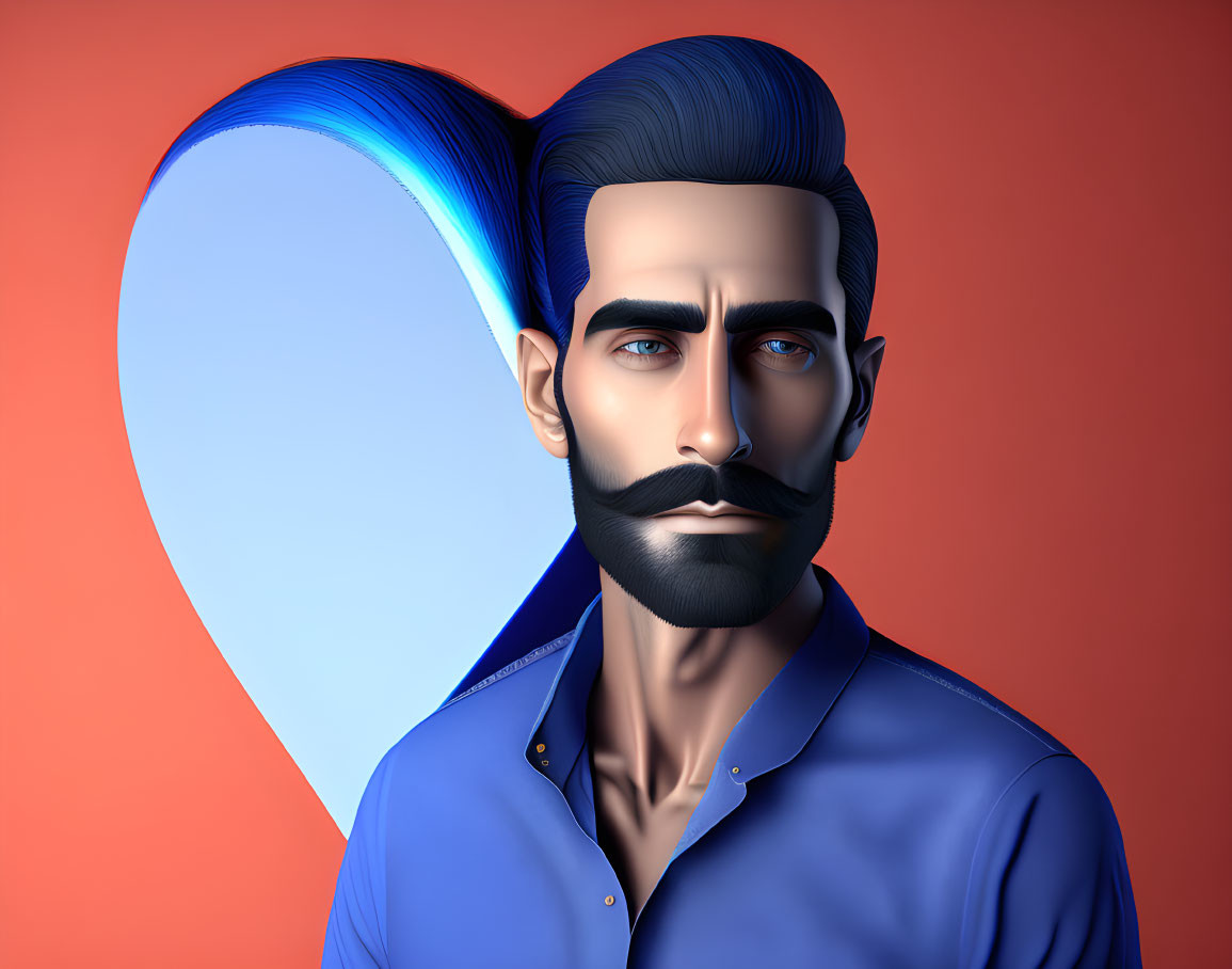 Colorful 3D illustration of a man with blue beard and mustache on red background