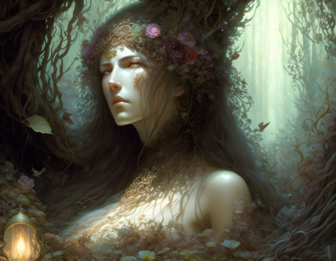 Ethereal woman in mystical forest with butterflies & glowing light