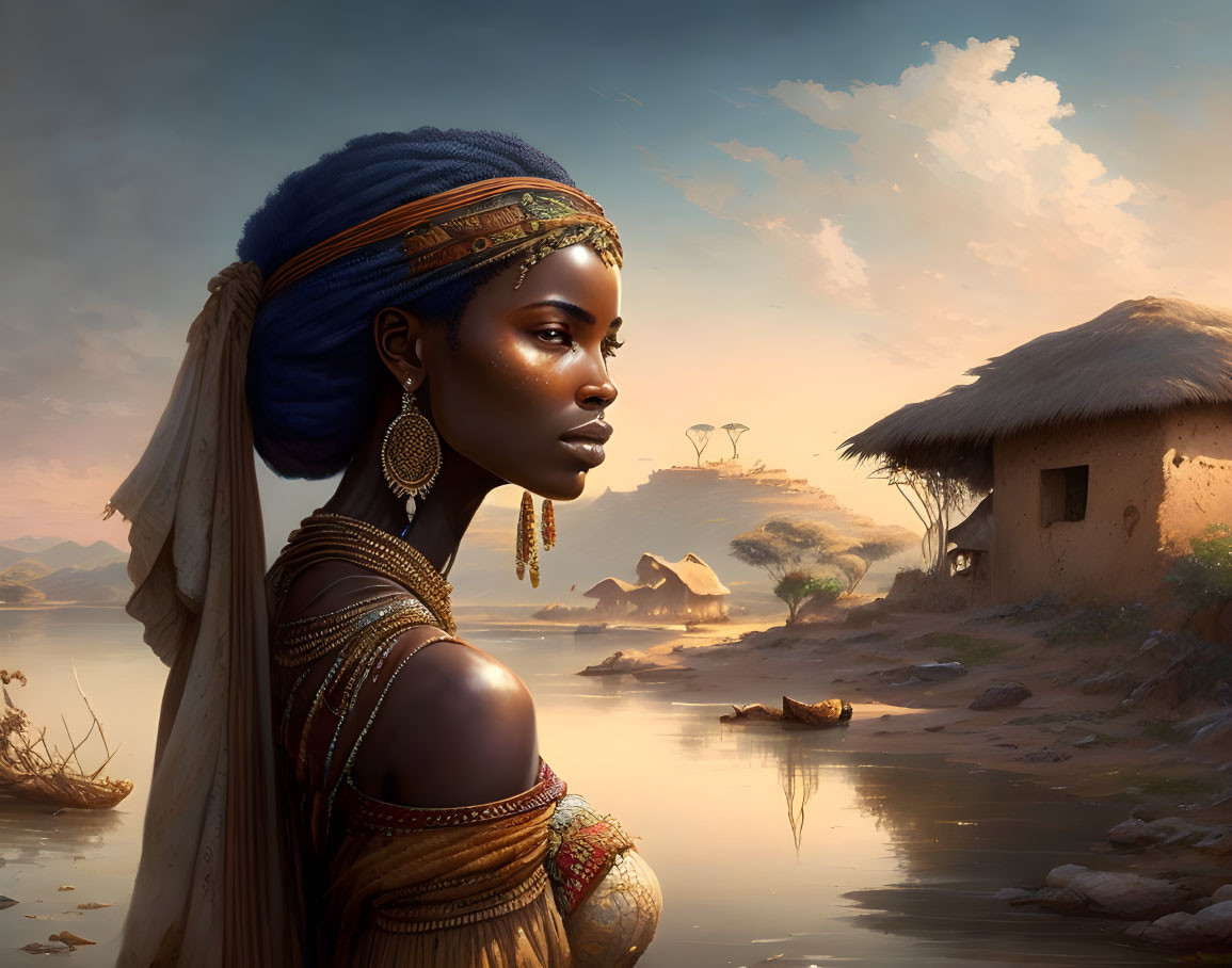 Woman in headwrap gazes at African landscape with huts, lake, and wildlife