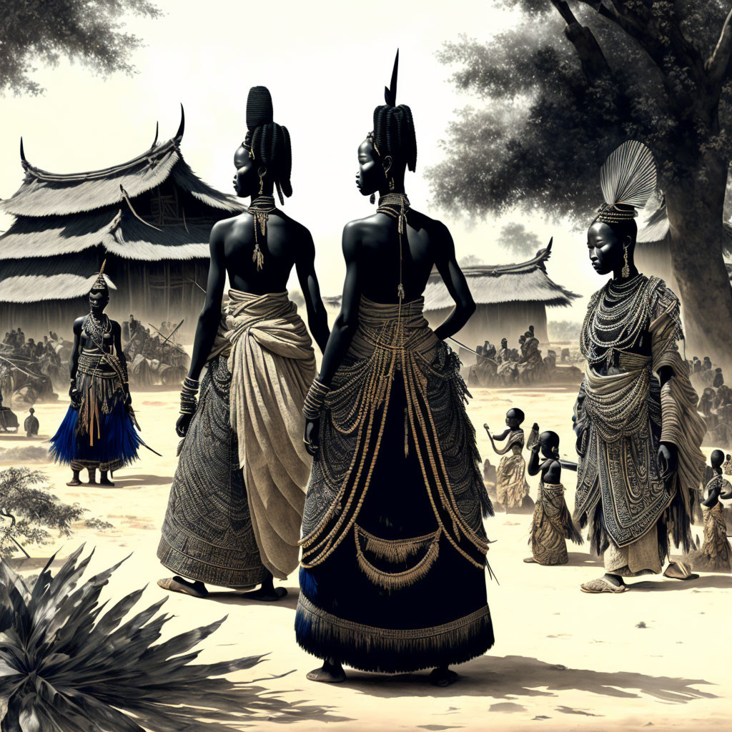 Traditional African attire: Three women with intricate jewelry and headdresses under a tree canopy