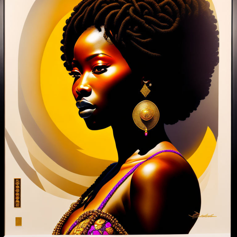 Dark-skinned woman digital artwork with textured hair, golden background, earrings, and colorful attire