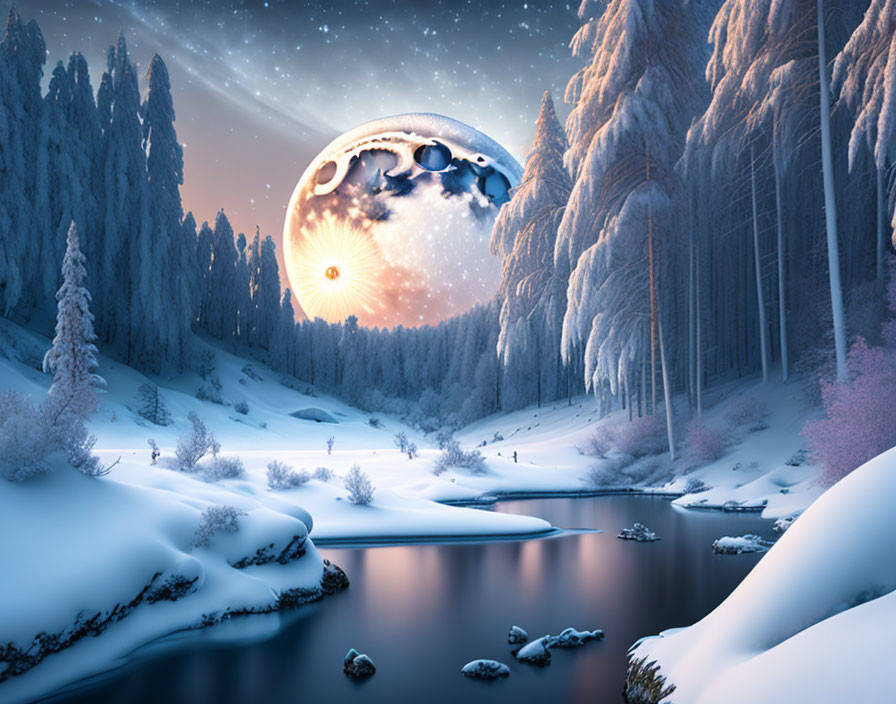 Surreal winter night scene with river, snow, trees, and eclipse