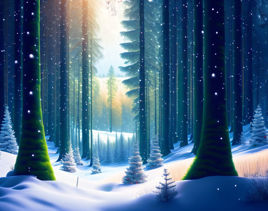 Snow-covered winter forest with glowing sunset and falling snowflakes