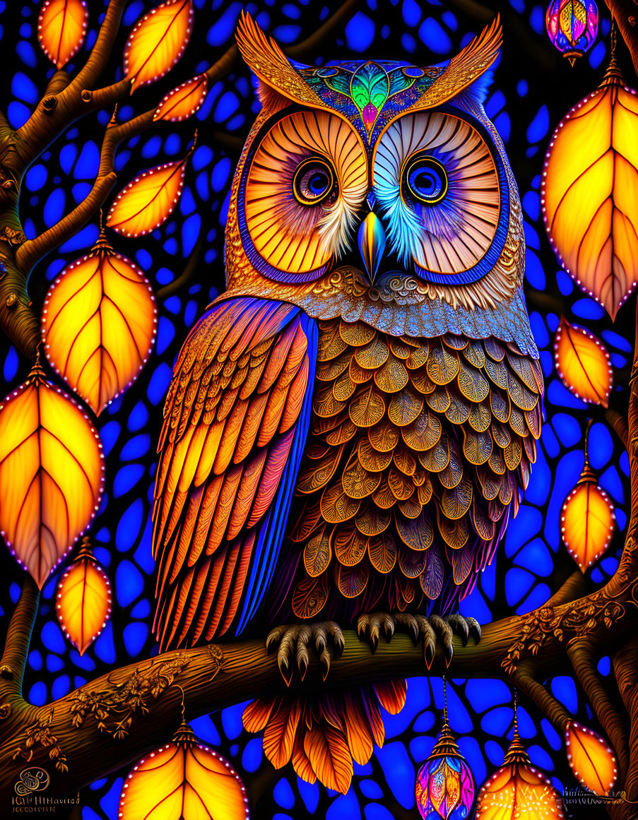 Colorful Stylized Owl Artwork on Branch with Luminous Blue Background