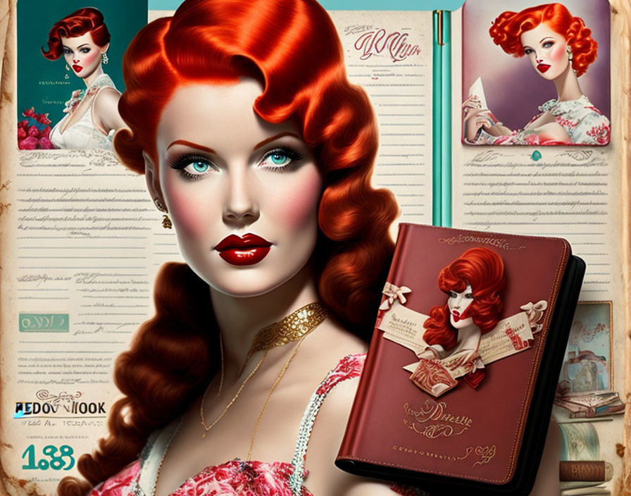 Vintage-style illustration of a woman with red curls and lips, next to a diary, on teal background