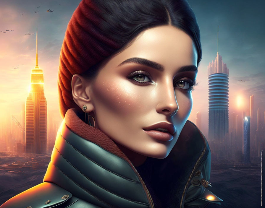 Digital portrait of woman with flawless makeup against futuristic cityscape & glowing sunset hues