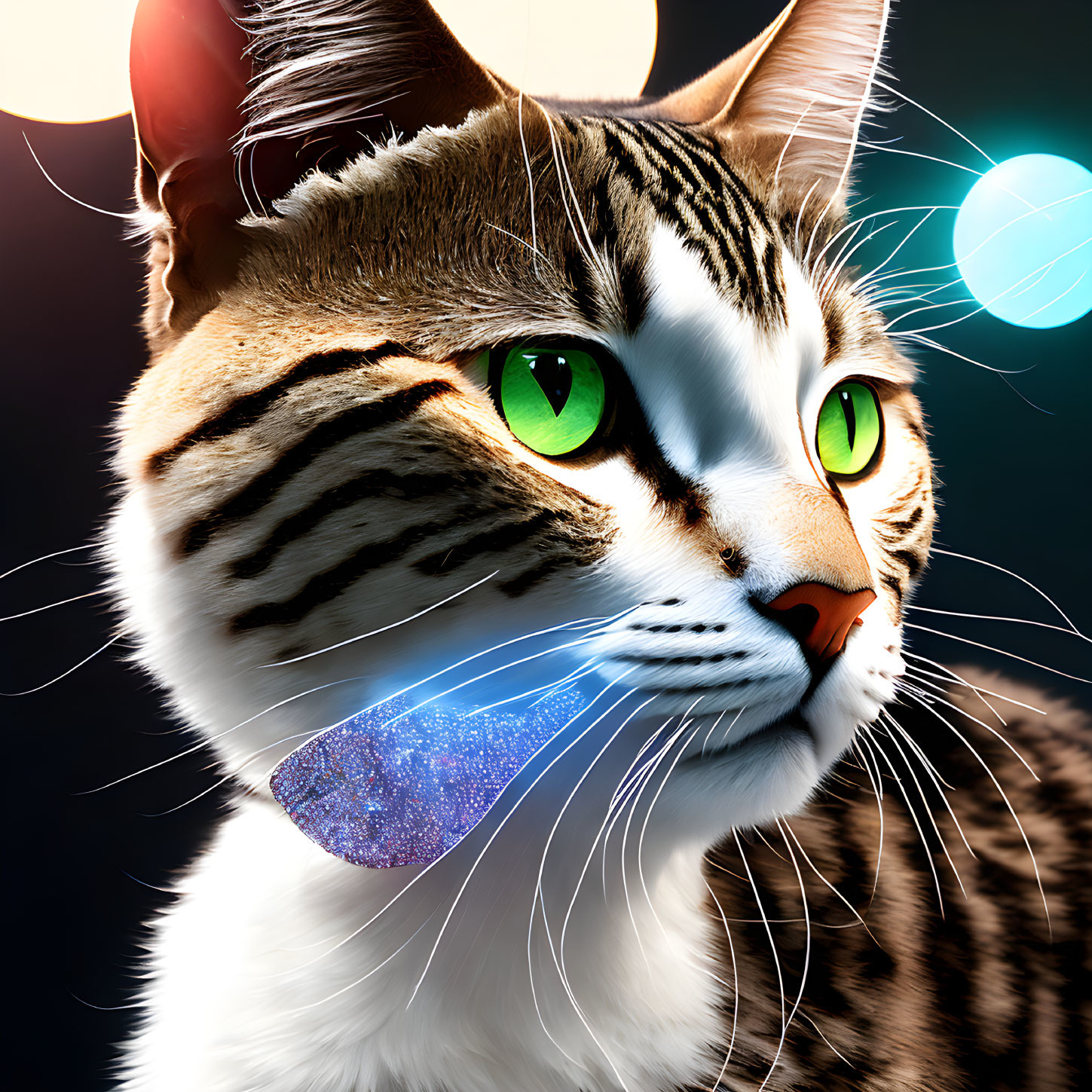 Digitally created cat image with striped fur and green eyes, featuring a blue butterfly on its cheek.