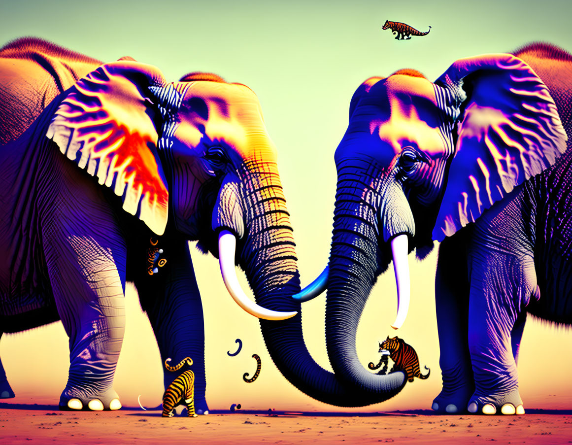 Two Striped Elephants Meet in Colorful Surreal Scene