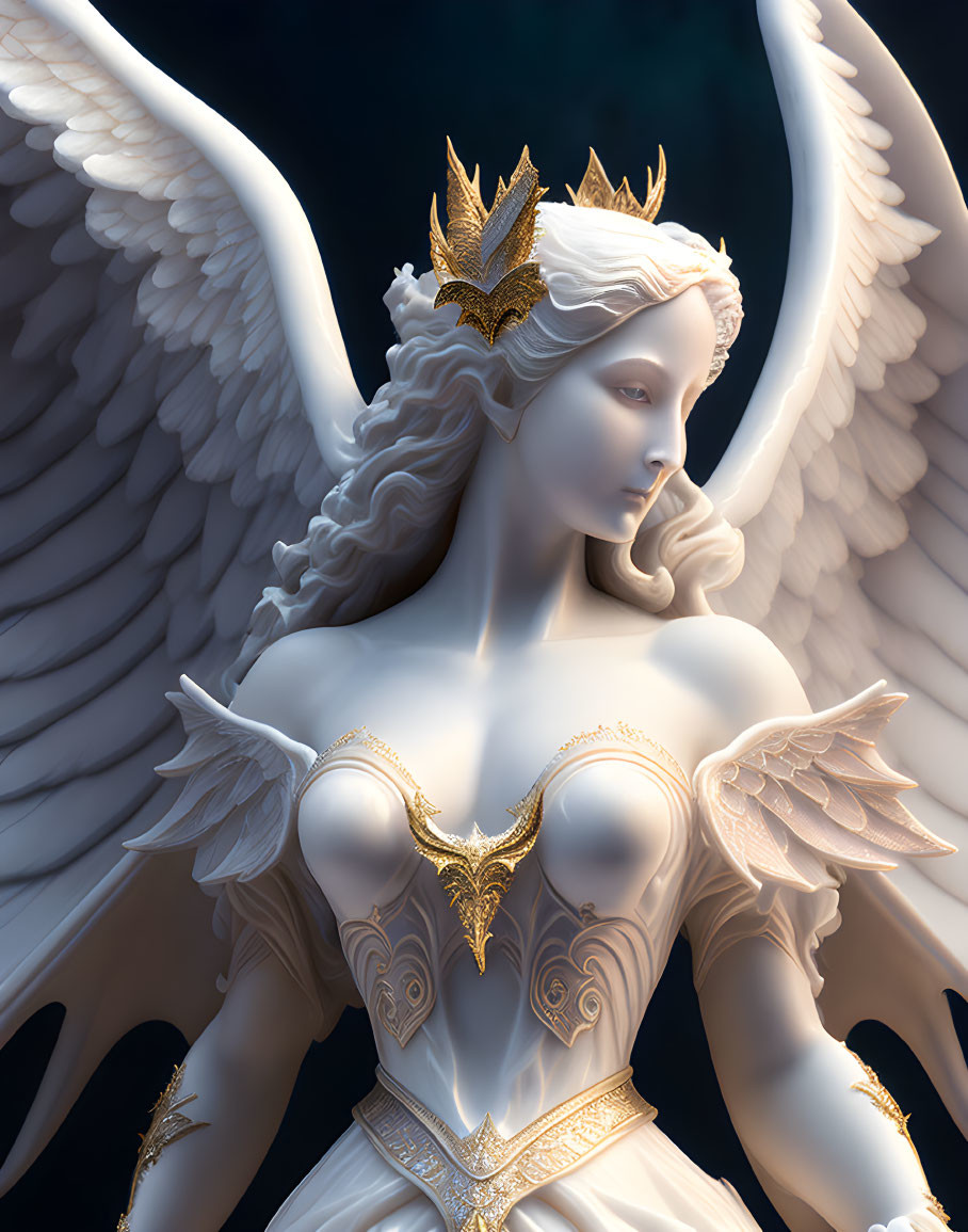 Serene angel statue with white wings and gold crown