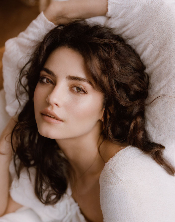 Curly-Haired Woman Lying on White Pillow Looking Up