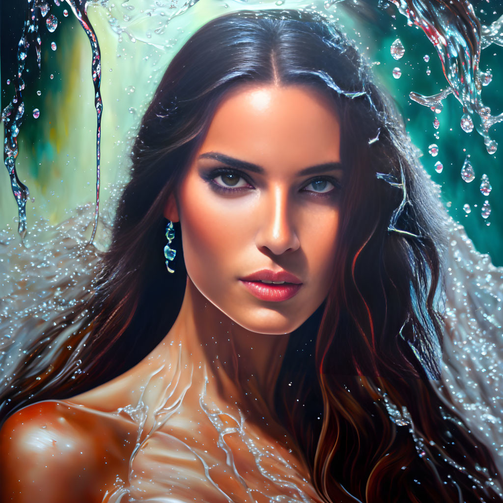 Striking woman with brown hair in water cascade scenery