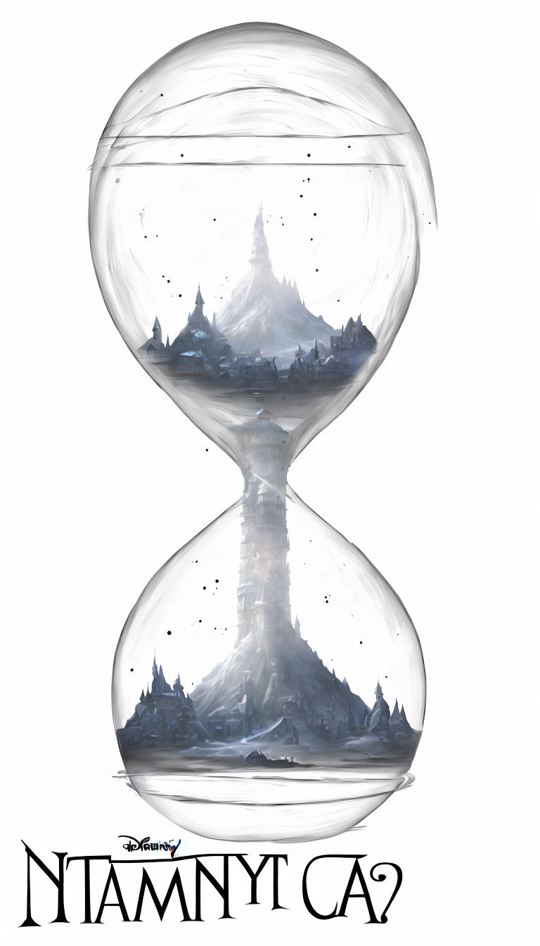 Hourglass with castle-filled bulbs & falling sand, featuring reversed Disney logo text.