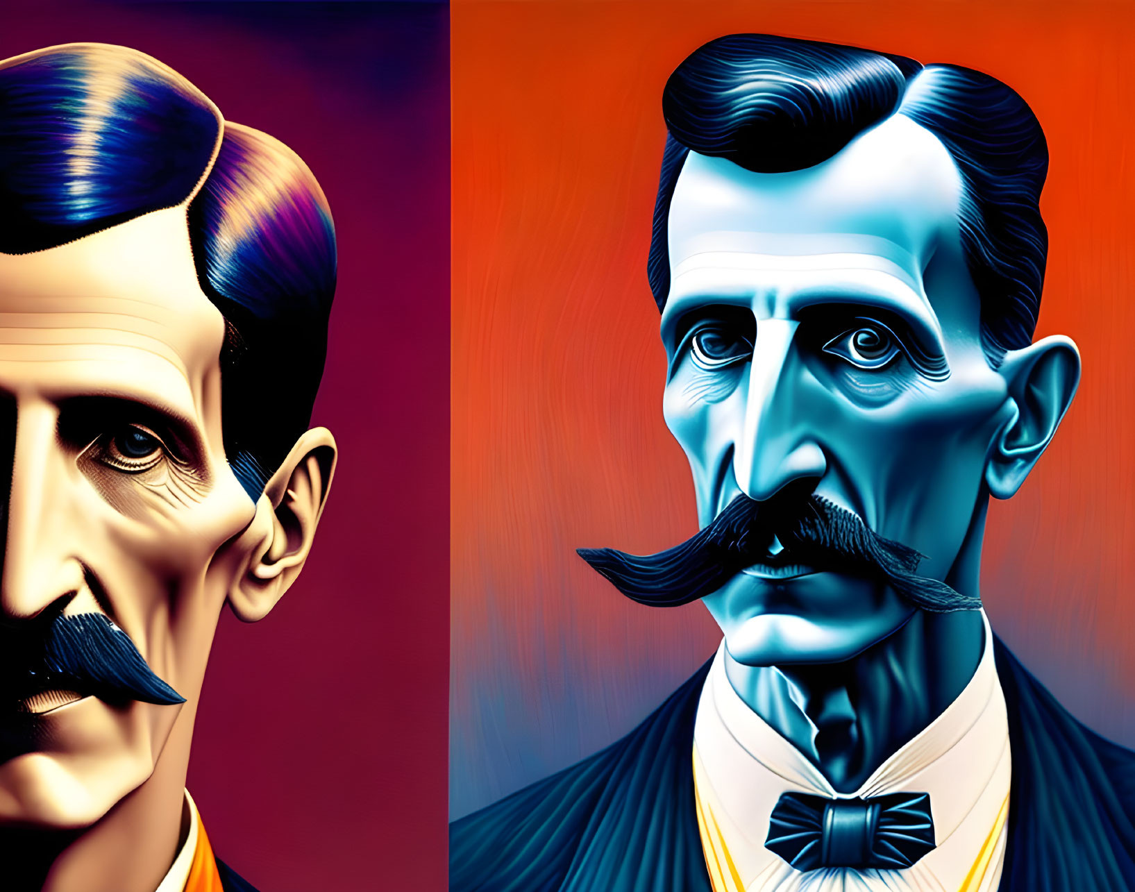 Vibrant digital portraits of Nikola Tesla with exaggerated features