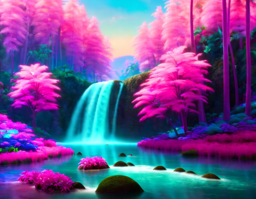 Fantasy landscape with pink foliage, blue waterfall, and serene river