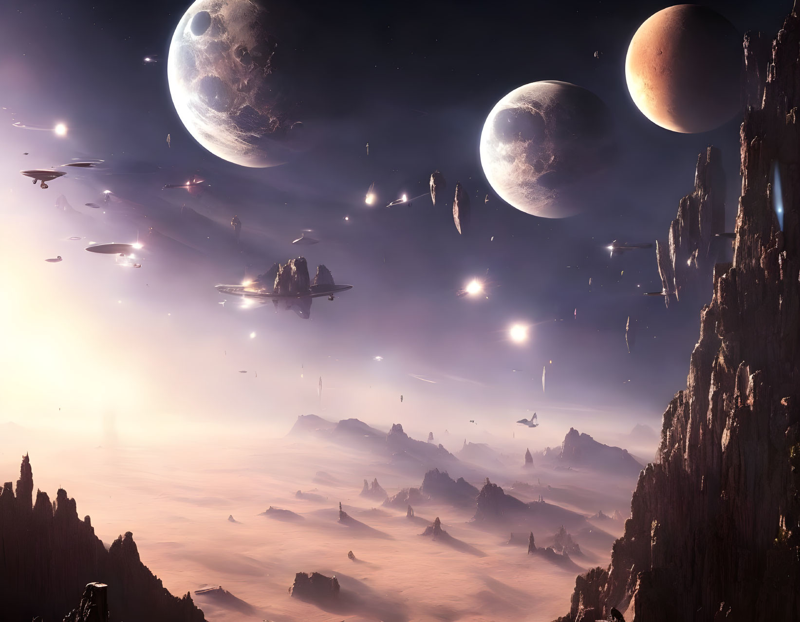 Futuristic sci-fi landscape with spaceships over rocky desert and three moons in hazy sky