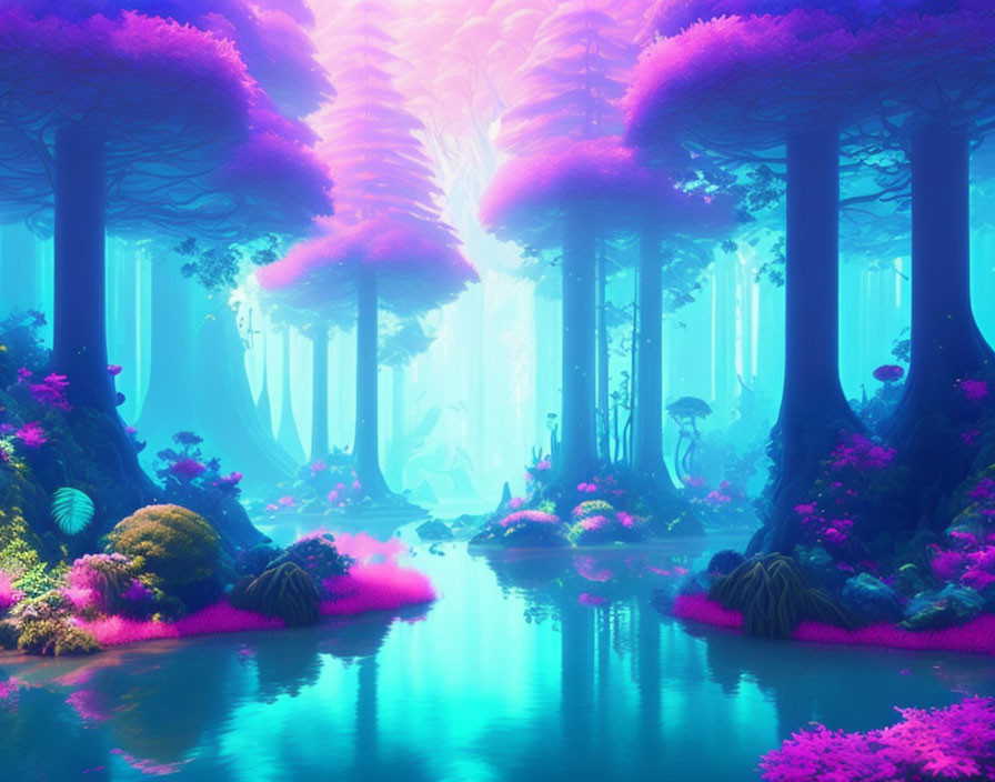 Fantastical forest with towering trees and serene water