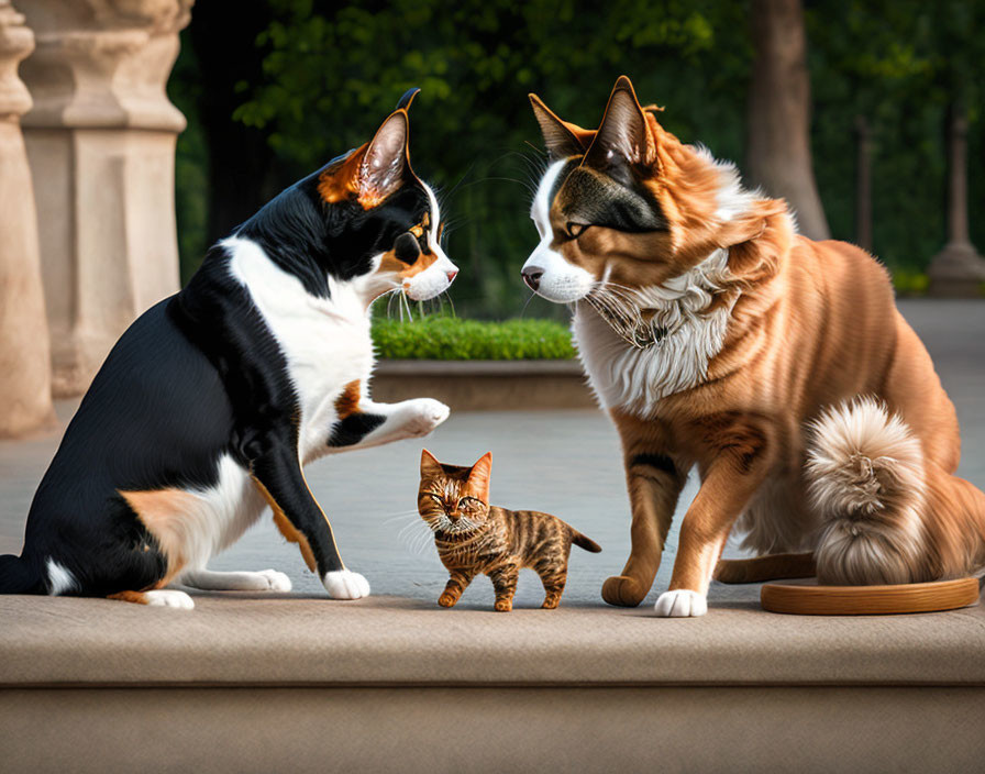 Cat and dog interaction on patio scene.