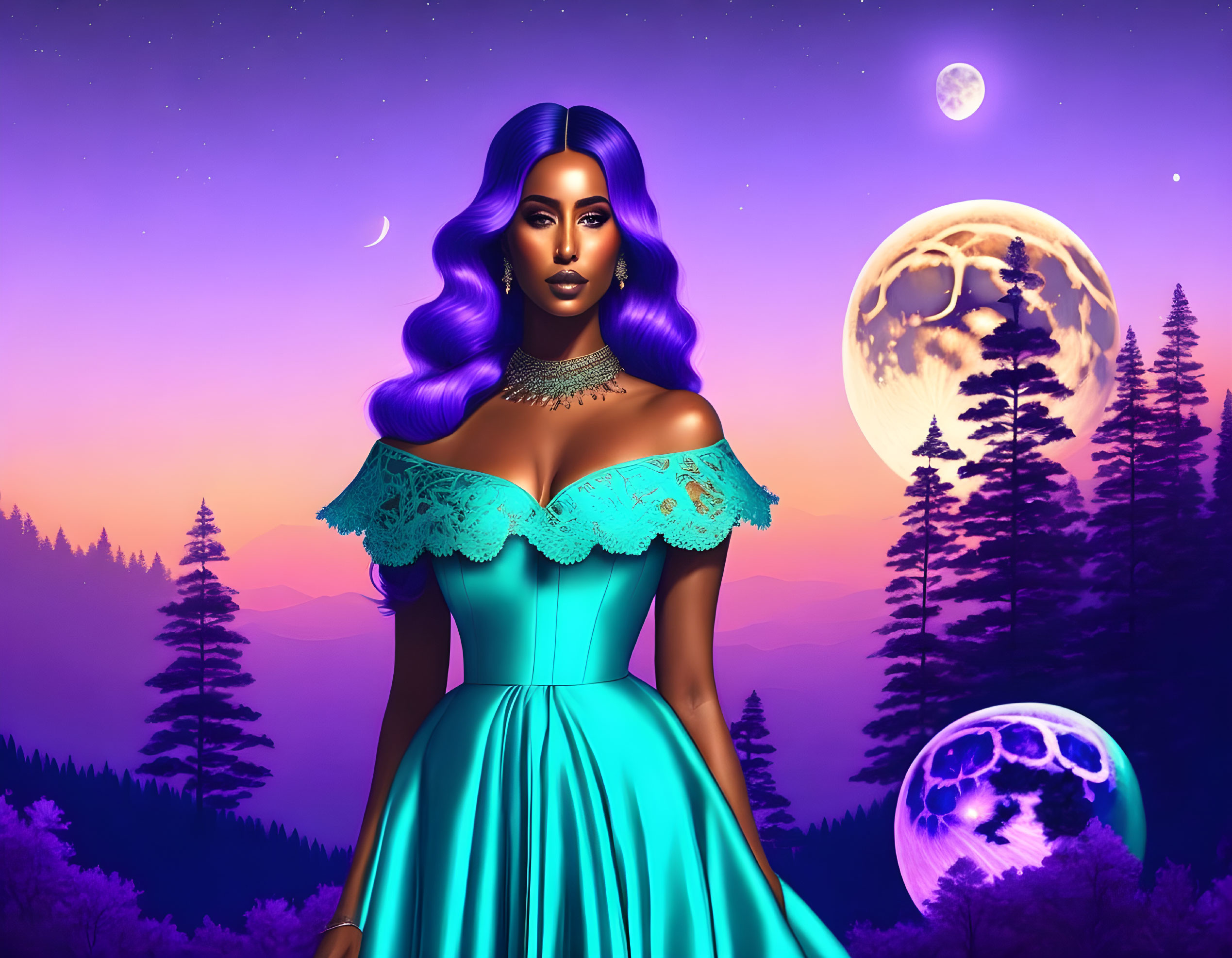 Stylized illustration: Woman in teal dress, purple hair, twilight backdrop.