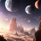 Futuristic sci-fi landscape with spaceships over rocky desert and three moons in hazy sky