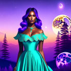 Stylized illustration: Woman in teal dress, purple hair, twilight backdrop.