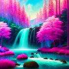 Fantasy landscape with pink foliage, blue waterfall, and serene river