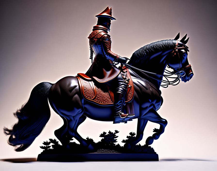 Knight in ornate armor on muscular black steed in dramatic lighting