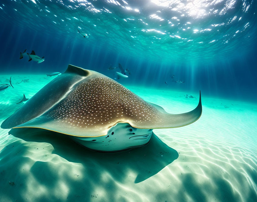 Spotted eagle ray swimming gracefully in ocean with fish and sunlight