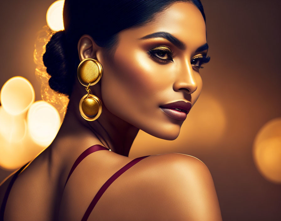 Portrait of a woman with sleek hair, bold makeup, and golden earrings on warm bokeh background