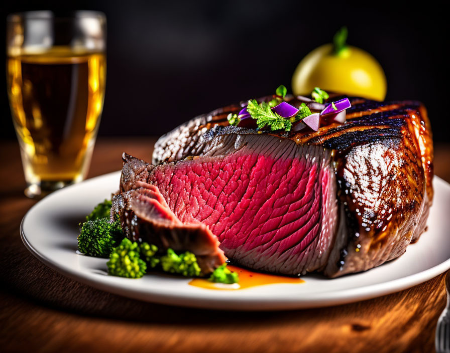 Juicy medium-rare steak with herbs, onions, steamed broccoli, beer, and lemon on