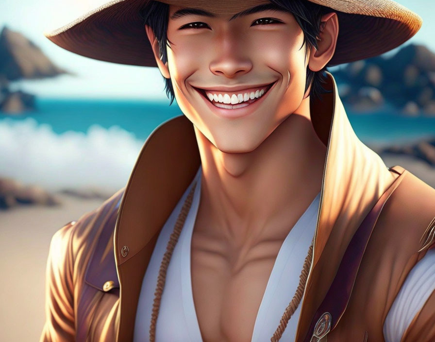 Smiling young man in conical hat on sunny beach with brown vest