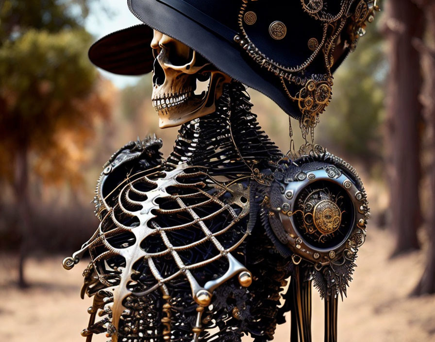 Steampunk skeleton model with top hat and mechanical detailing