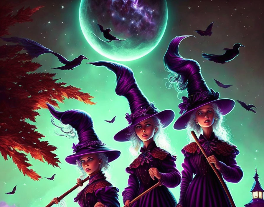 Three witches in purple outfits under a green moon with bats in a dark landscape