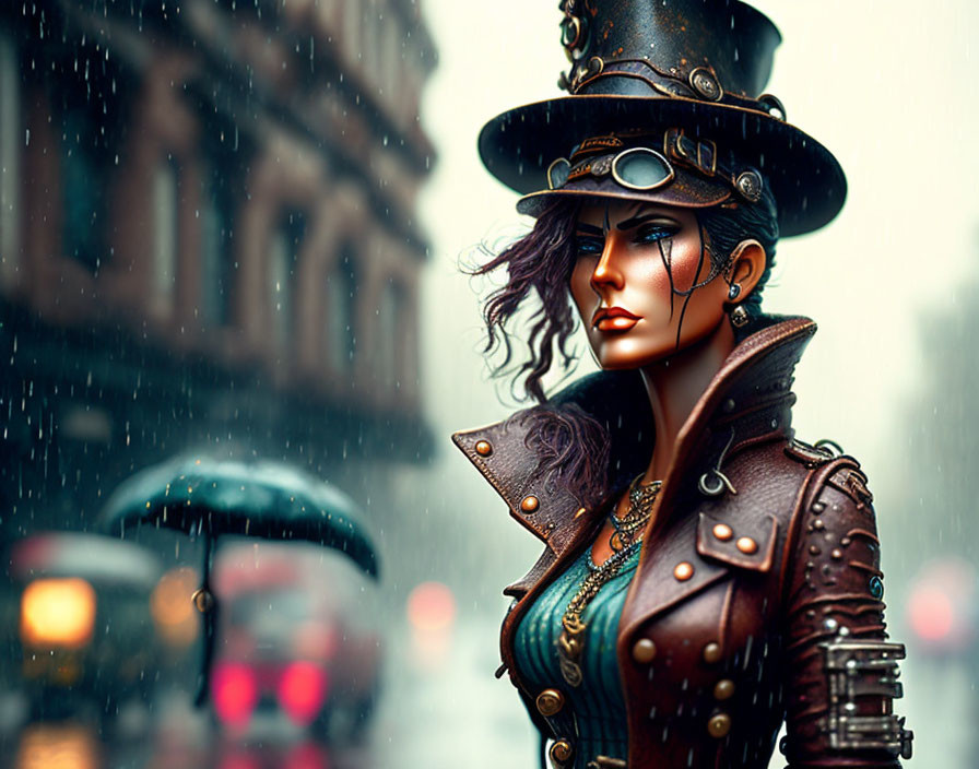 Steampunk woman in top hat and goggles in rainy city scene