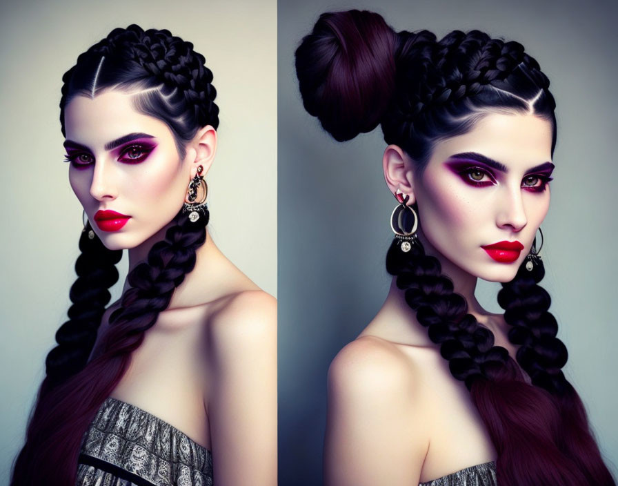 Split image of woman with elaborate braided hair and bold makeup in two different hairstyles.