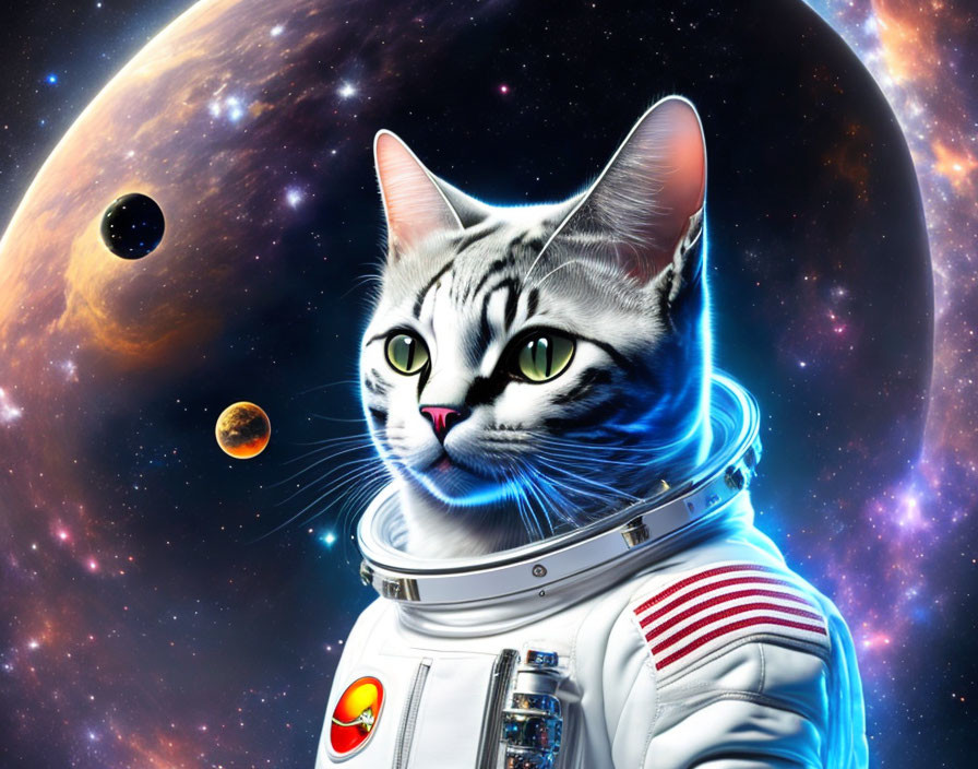 Cat in astronaut suit against space backdrop with planets and stars