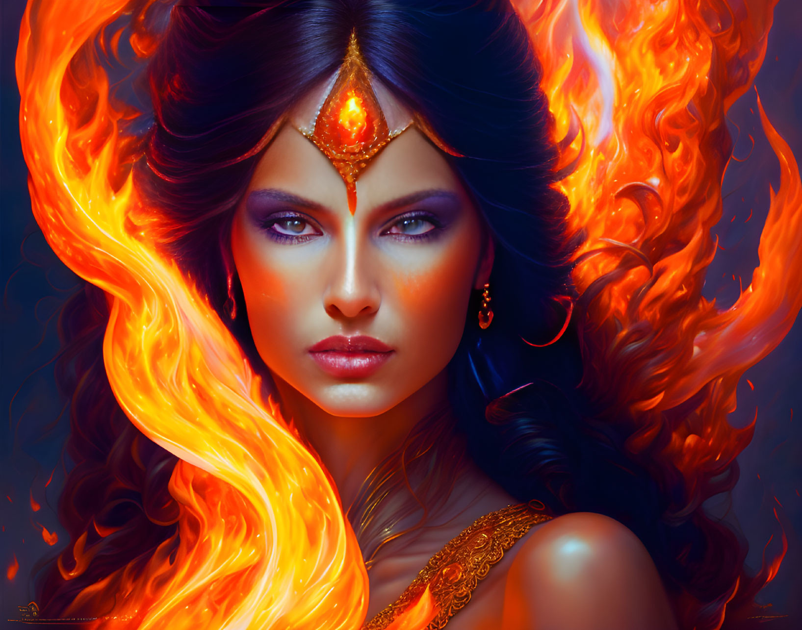 Digital artwork: Woman with fiery hair, blue eyes, gold jewelry, red gem.