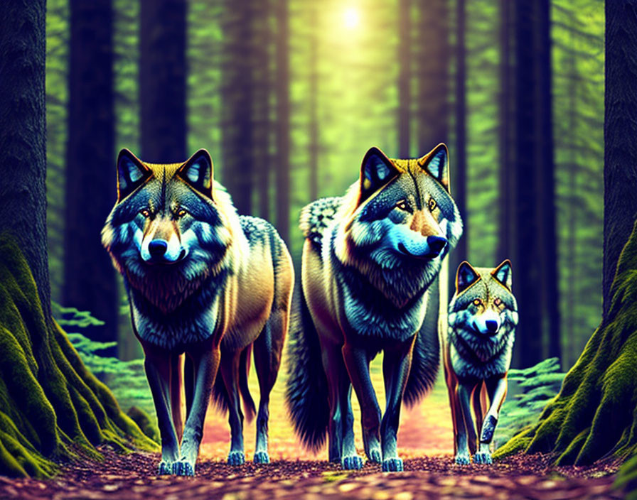 Three wolves in mystical forest with sun rays.