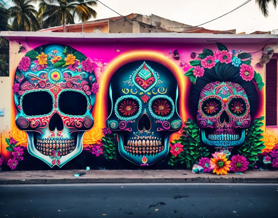 Colorful street art: three decorated skulls with floral patterns on vibrant backdrop.