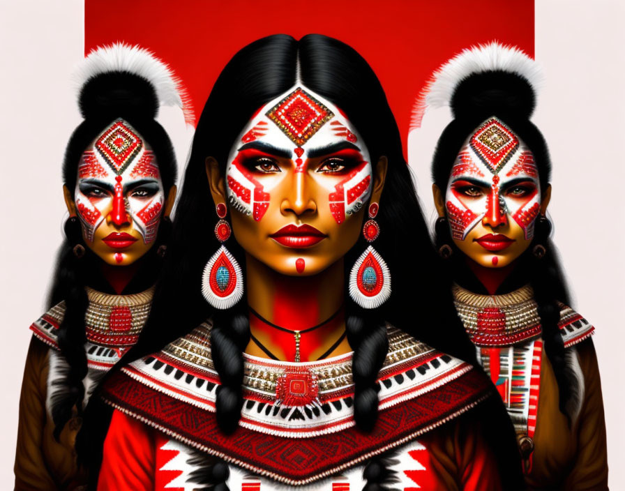 Three women in red and white face paint, braided hair, beaded jewelry on red background