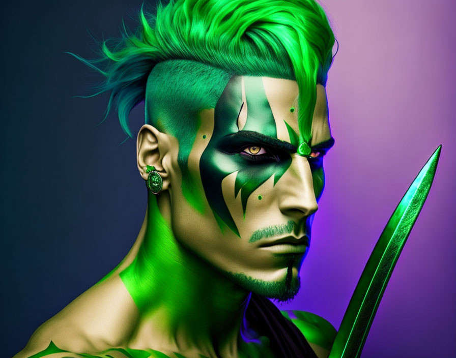 Vibrant green hair with fantasy-themed makeup and crystal accessory