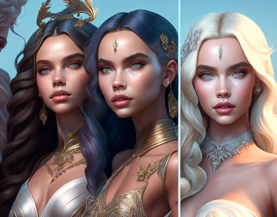 Fantasy women with colorful hair & gold jewelry, adorned with unique forehead accessories