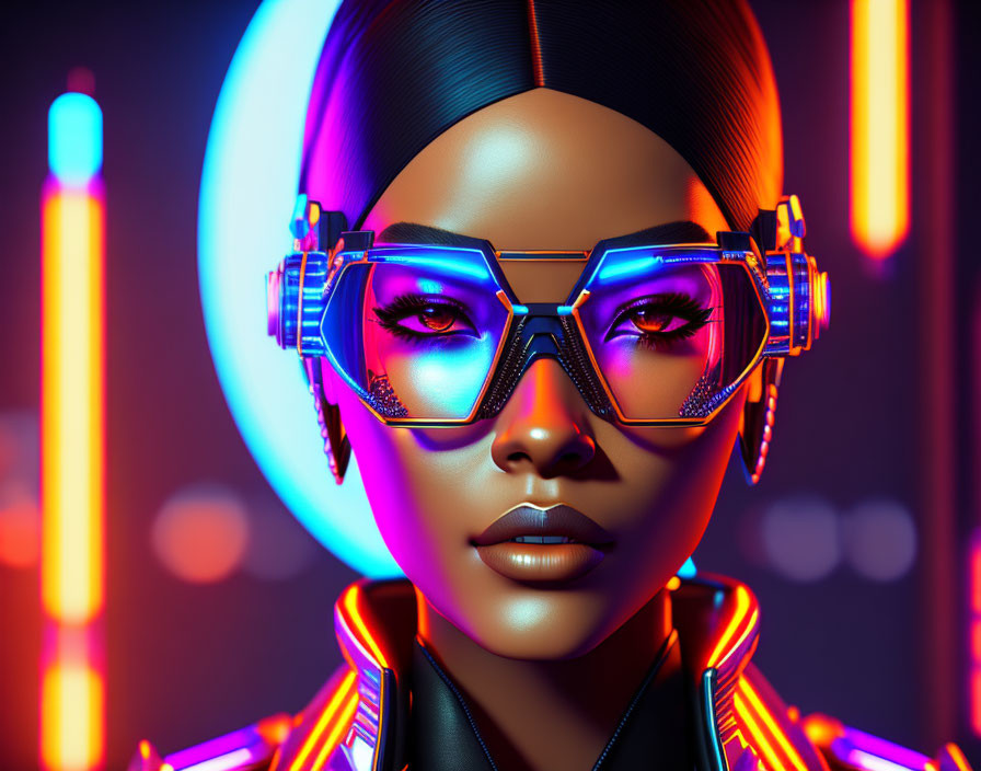 Futuristic woman with glowing blue eyeglasses and neon lights