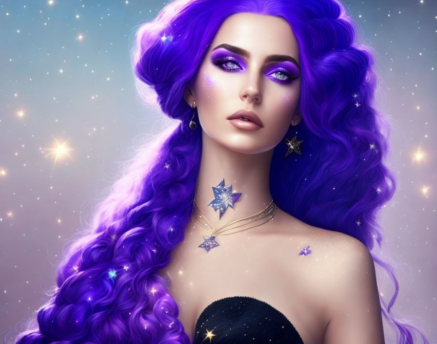 Vibrant Purple Hair Woman with Starry Theme