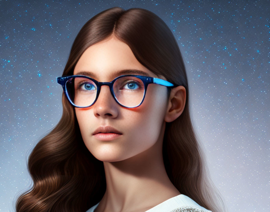 Young woman with long brown hair and blue eyeglasses in cosmic setting