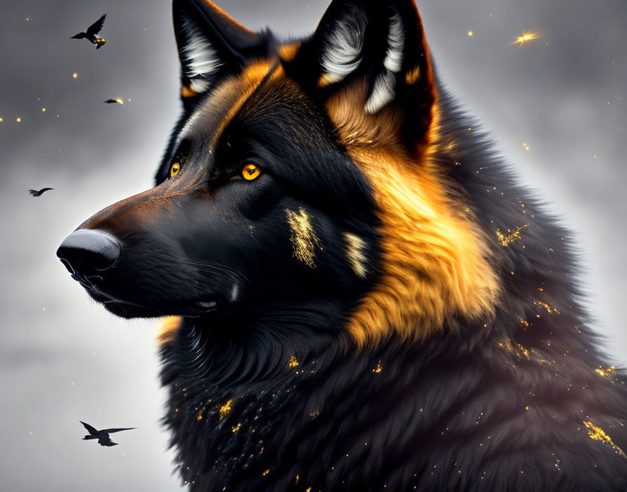 Majestic black wolf with gold markings in mystical setting